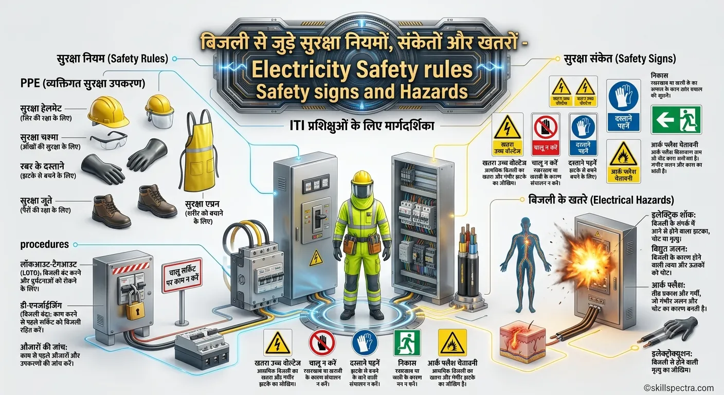1.1.02 बिजली से जुड़े सुरक्षा नियमों, संकेतों और खतरों – Electricity Safety rules Safety signs and Hazards
